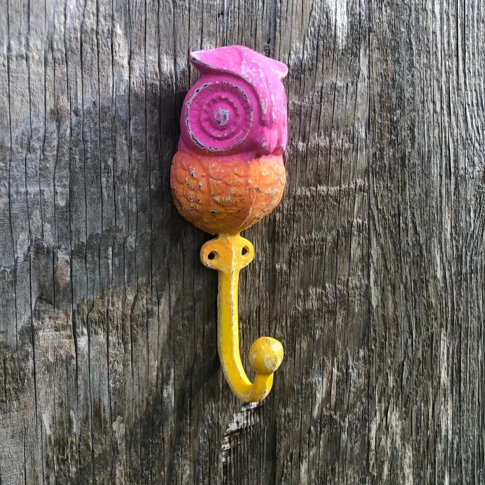 Upcycled Pink Orange and Yellow Cast Iron Owl Hook